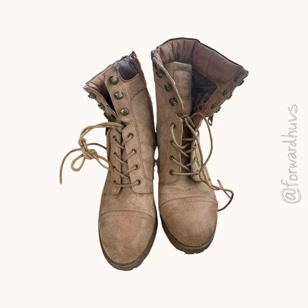 Guess Lace Up Combat Ankle Boots Tan Quilted Buckle Zip Women’s 7.5